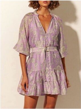KIVARI Belted Buttondown Mini Dress In Lilac Floral